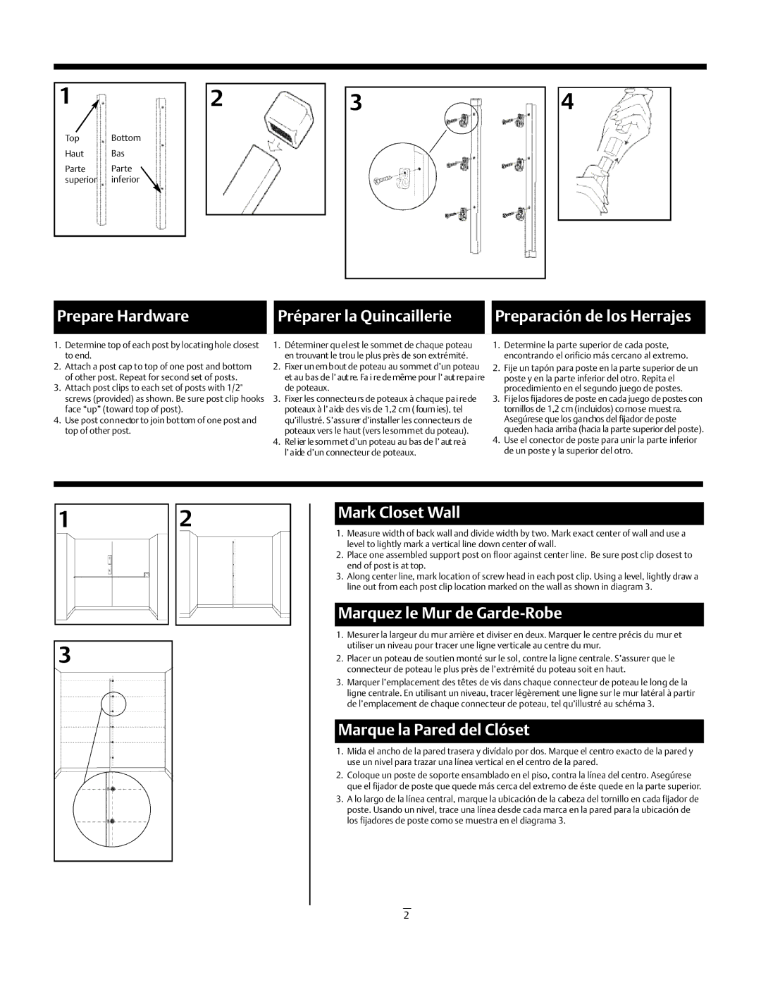 Emerson 5637 installation instructions Mark Closet Wall, Marquez le Mur de Garde-Robe, Marque la Pared del Clóset 