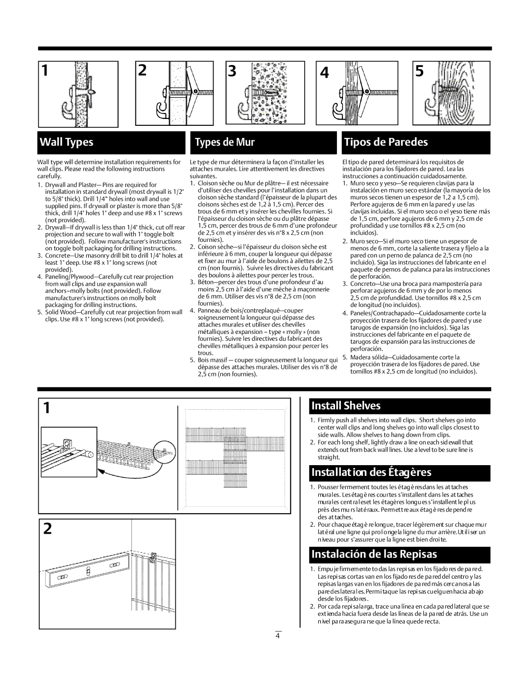 Emerson 5637 Wall Types Types de Mur Tipos de Paredes, Install Shelves, Installat ion des Étagères, Des at taches 