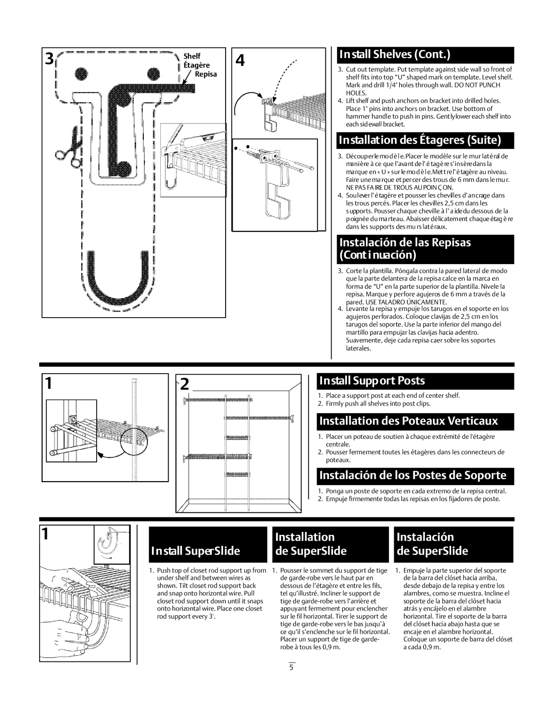 Emerson 5637 Installation des Étageres Suite, Instalación de las Repisas Cont i nuación, Install Support Posts 