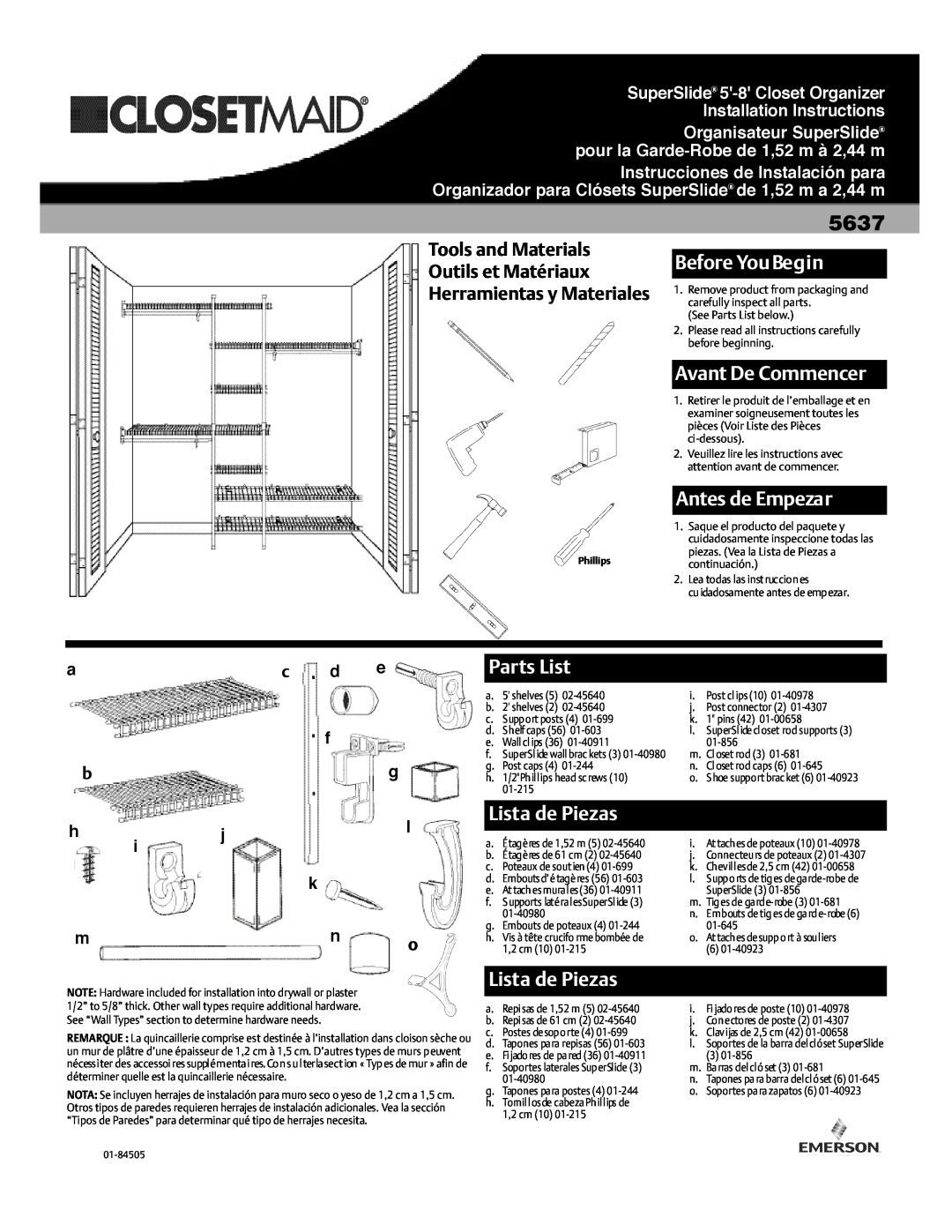 Emerson 5637 installation instructions Before YouBegin, Avant De Commencer, Antes de Empezar, Parts List, Lista de Piezas 