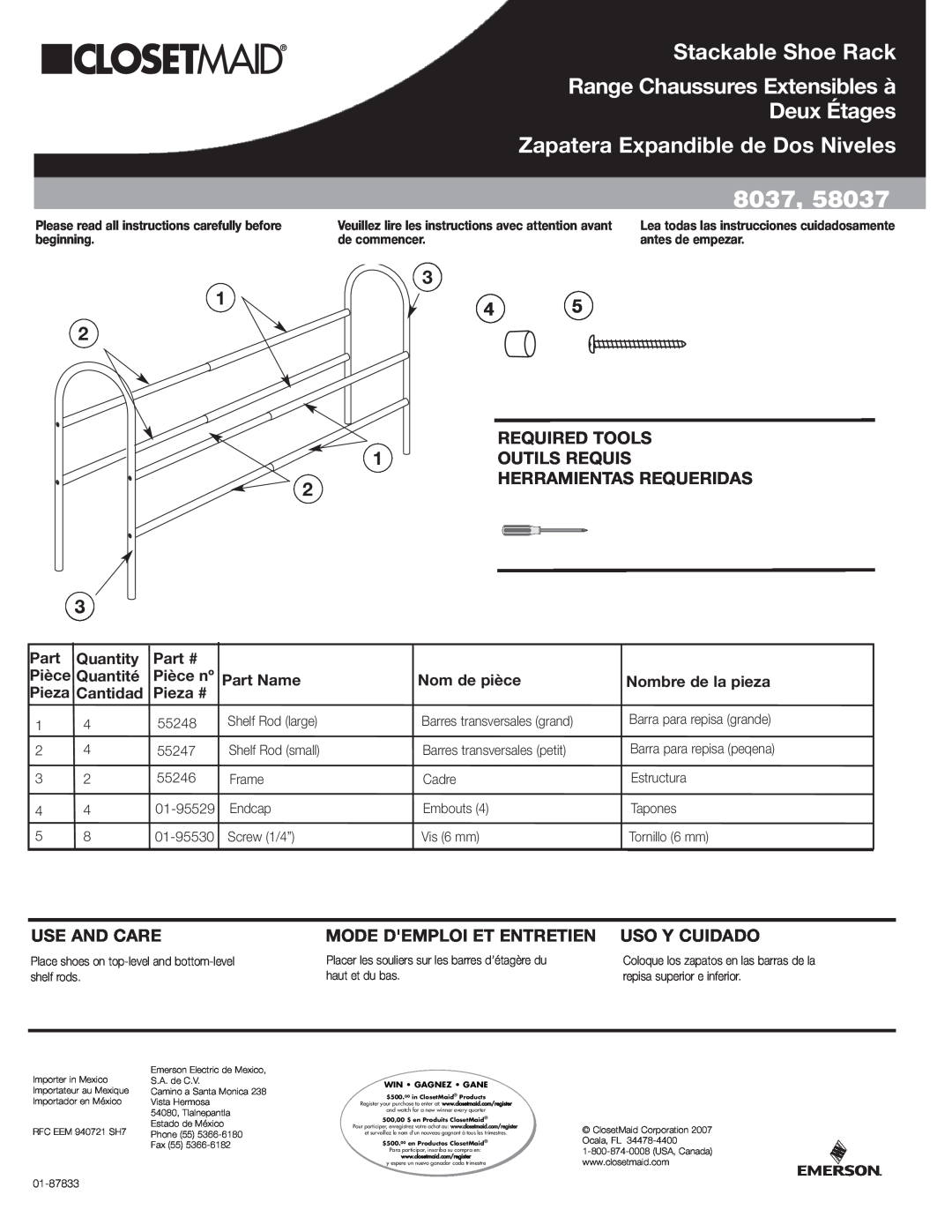 Emerson 58037 manual Stackable Shoe Rack, Zapatera Expandible de Dos Niveles, Range Chaussures Extensibles à Deux Étages 