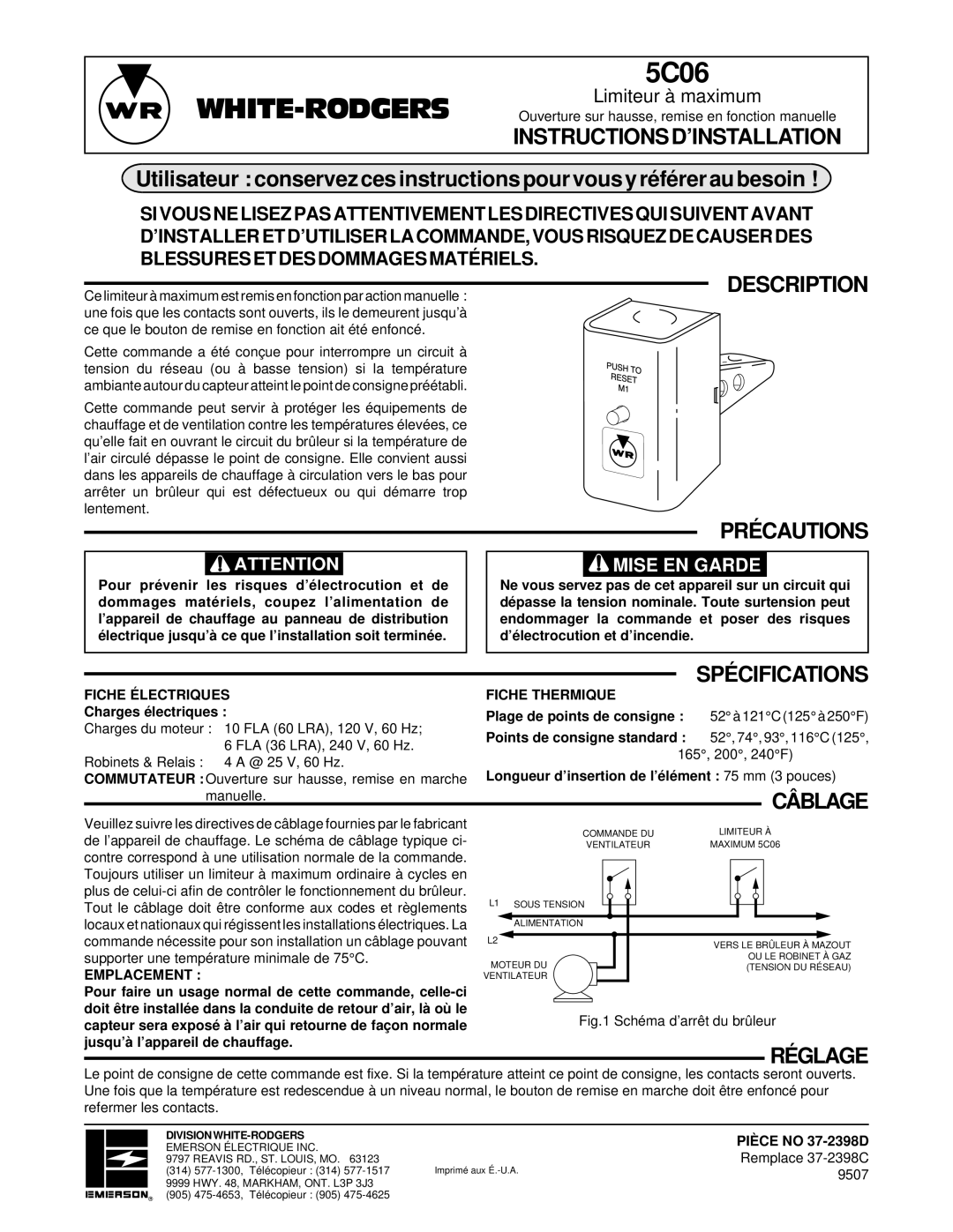 Emerson 5C06 installation instructions Instructionsd’Installation, Description, Précautions 