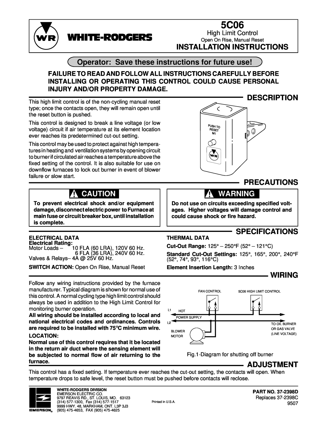 Emerson 5C06 installation instructions White-Rodgers, Installation Instructions, Description Precautions, Specifications 