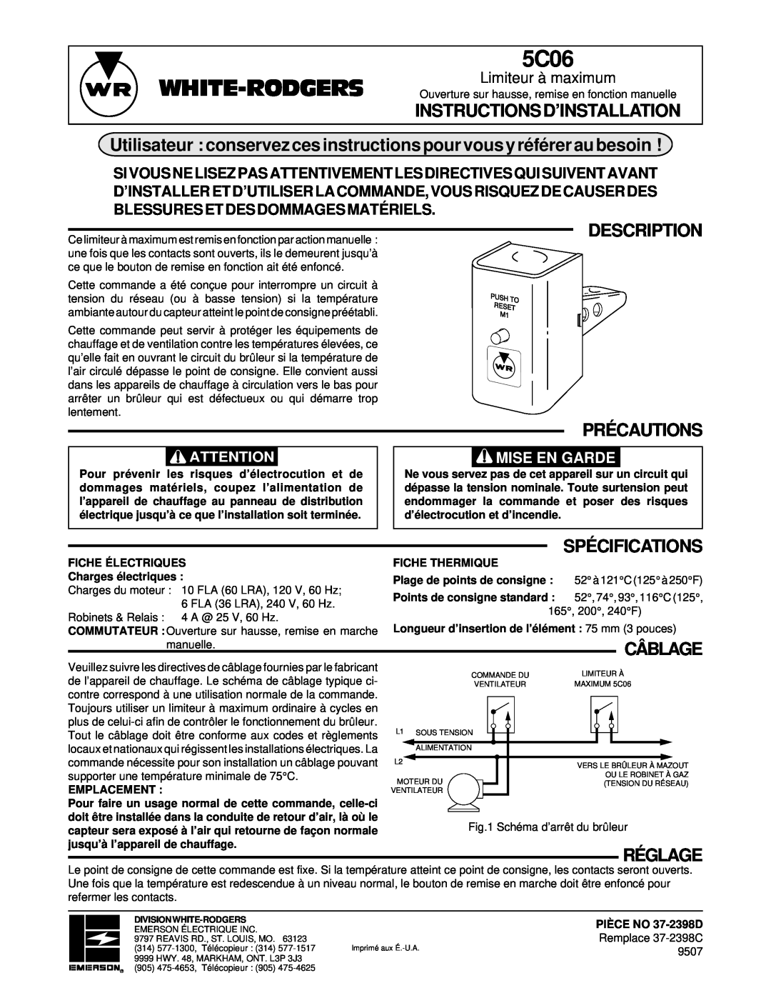 Emerson 5C06 Instructionsd’Installation, Utilisateur conservez ces instructions pour vous y référer au besoin, Description 