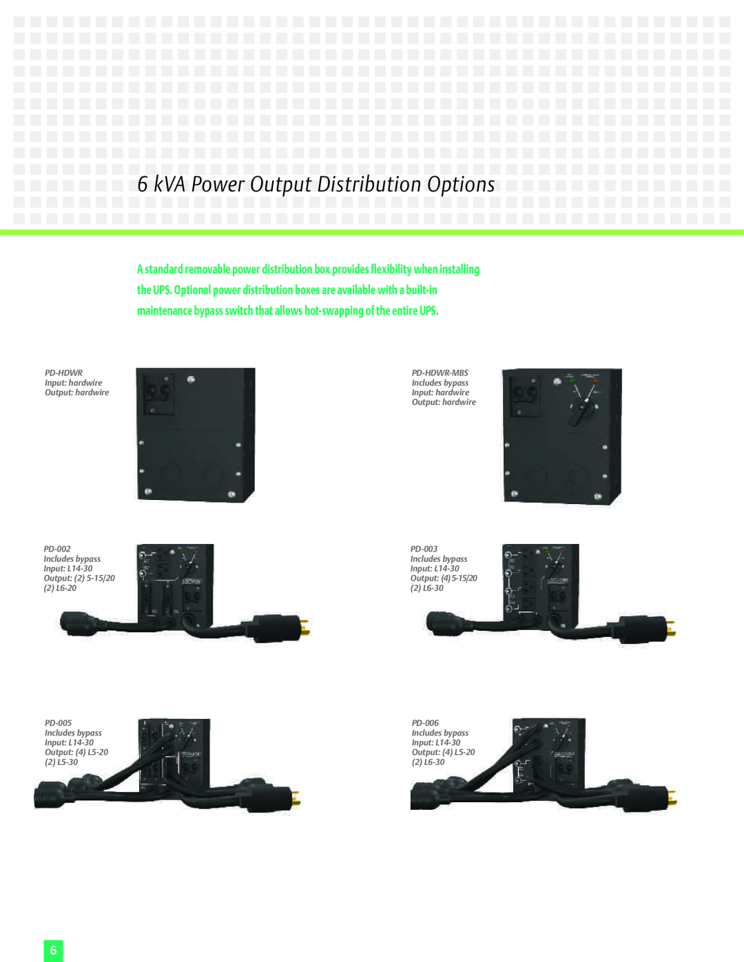 Emerson 6 kVA 6kVA Power OutputDistribution Options, Pd-Hdwr-Mbs, Input hardwire, Output hardwire, PD-002, PD-003 