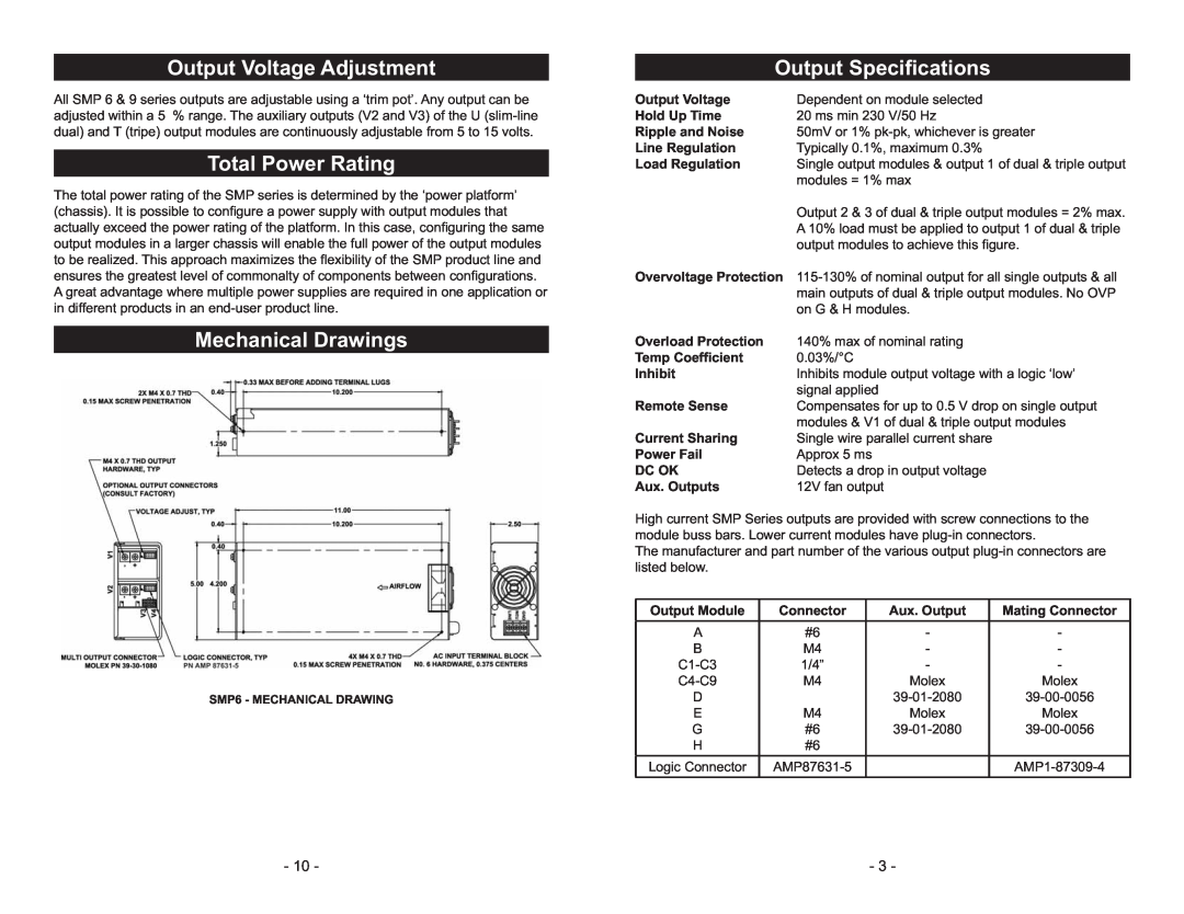 Emerson SMP Series manual Output Voltage Adjustment, Total Power Rating, Mechanical Drawings, 2XWSXW6SHFL¿FDWLRQV,  