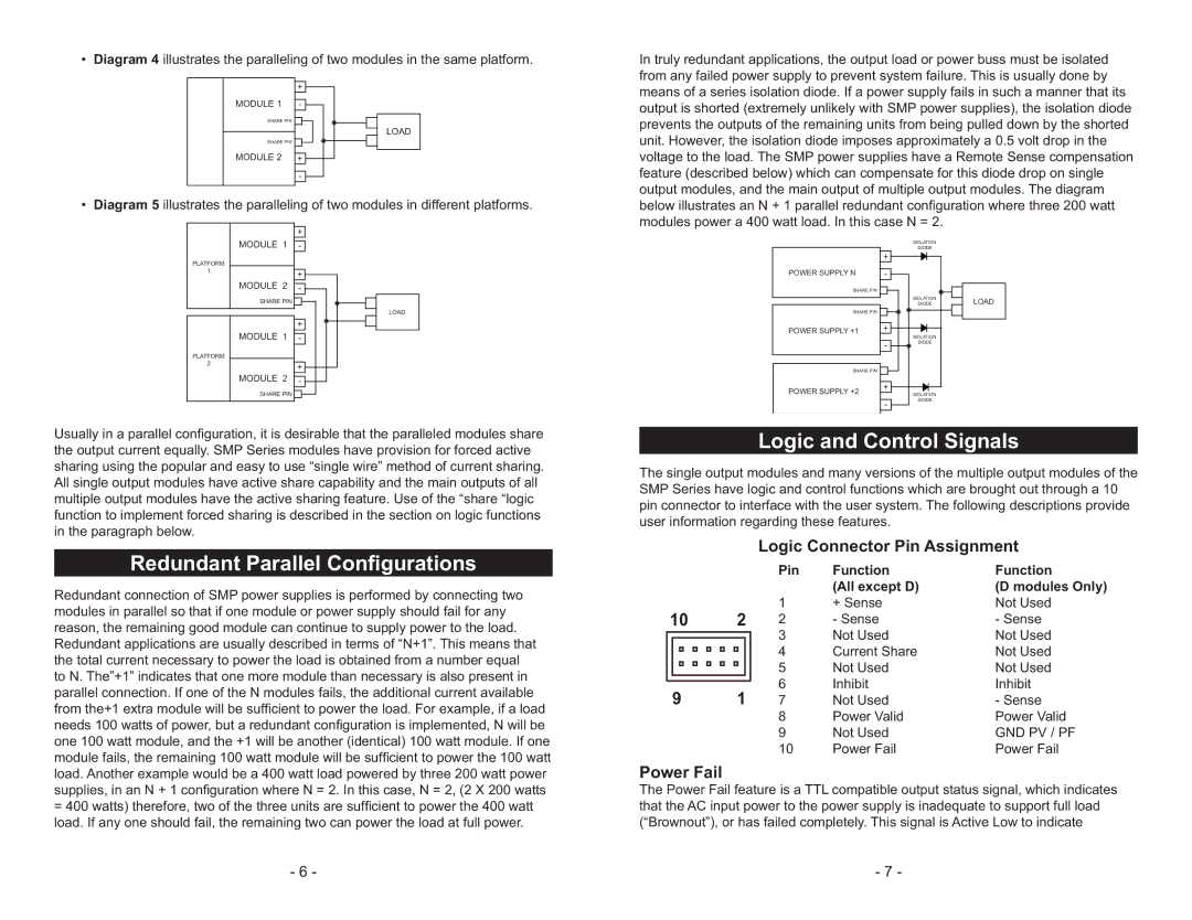 Emerson 600 & 1000W 5HGXQGDQW3DUDOOHO&RQ¿JXUDWLRQV, Logic and Control Signals, Logic Connector Pin Assignment,  