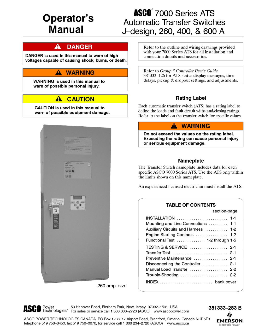 Emerson 400, 600 A, 260 manual Rating Label, Nameplate, Table of Contents 