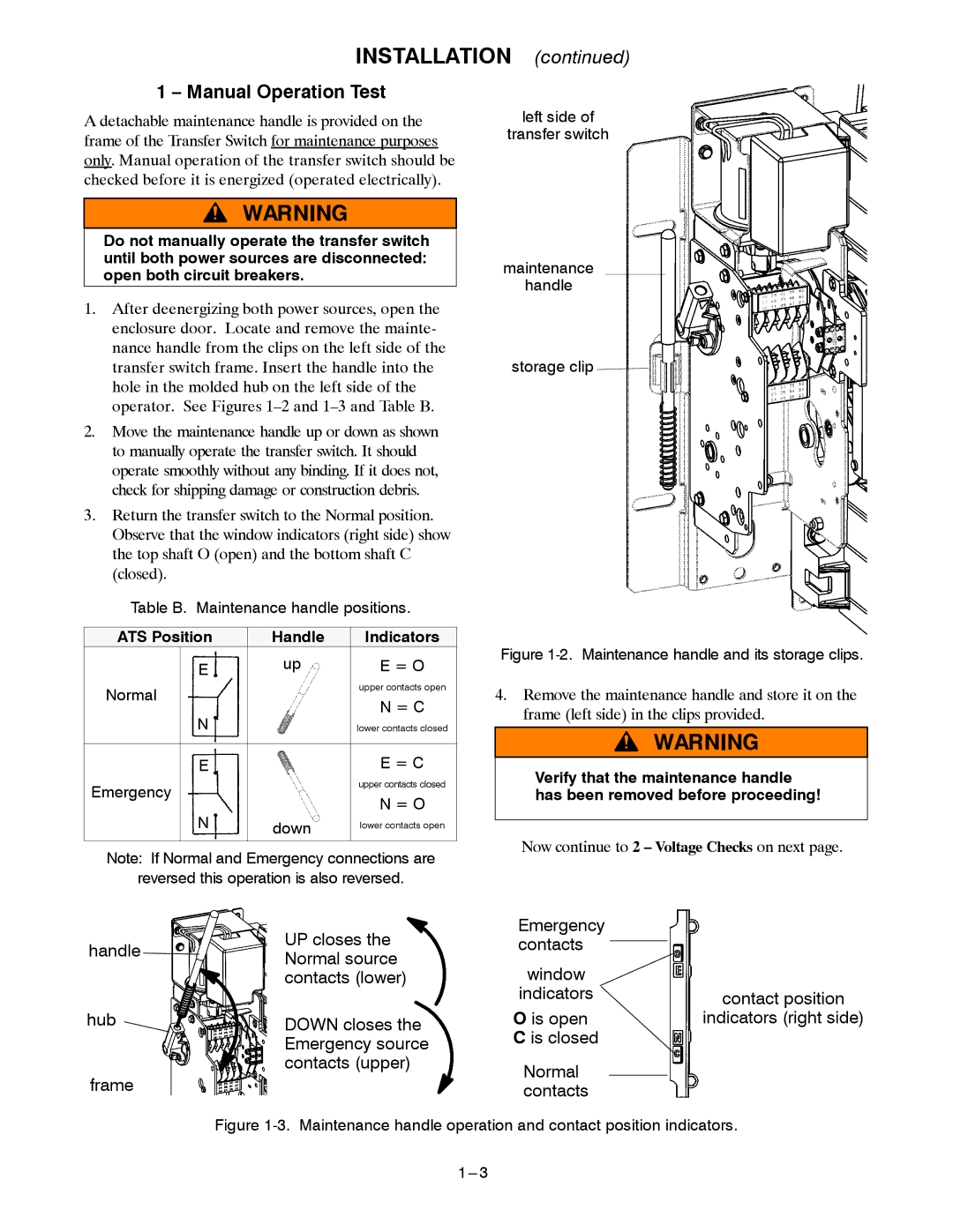 Emerson 260, 600 A, 400 manual Manual Operation Test, ATS Position Handle Indicators 