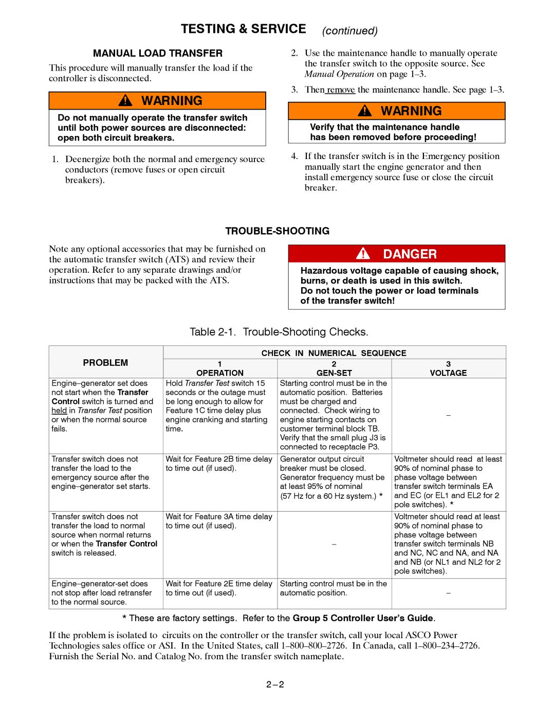 Emerson 600 A, 400, 260 manual Manual Load Transfer, Trouble-Shooting 