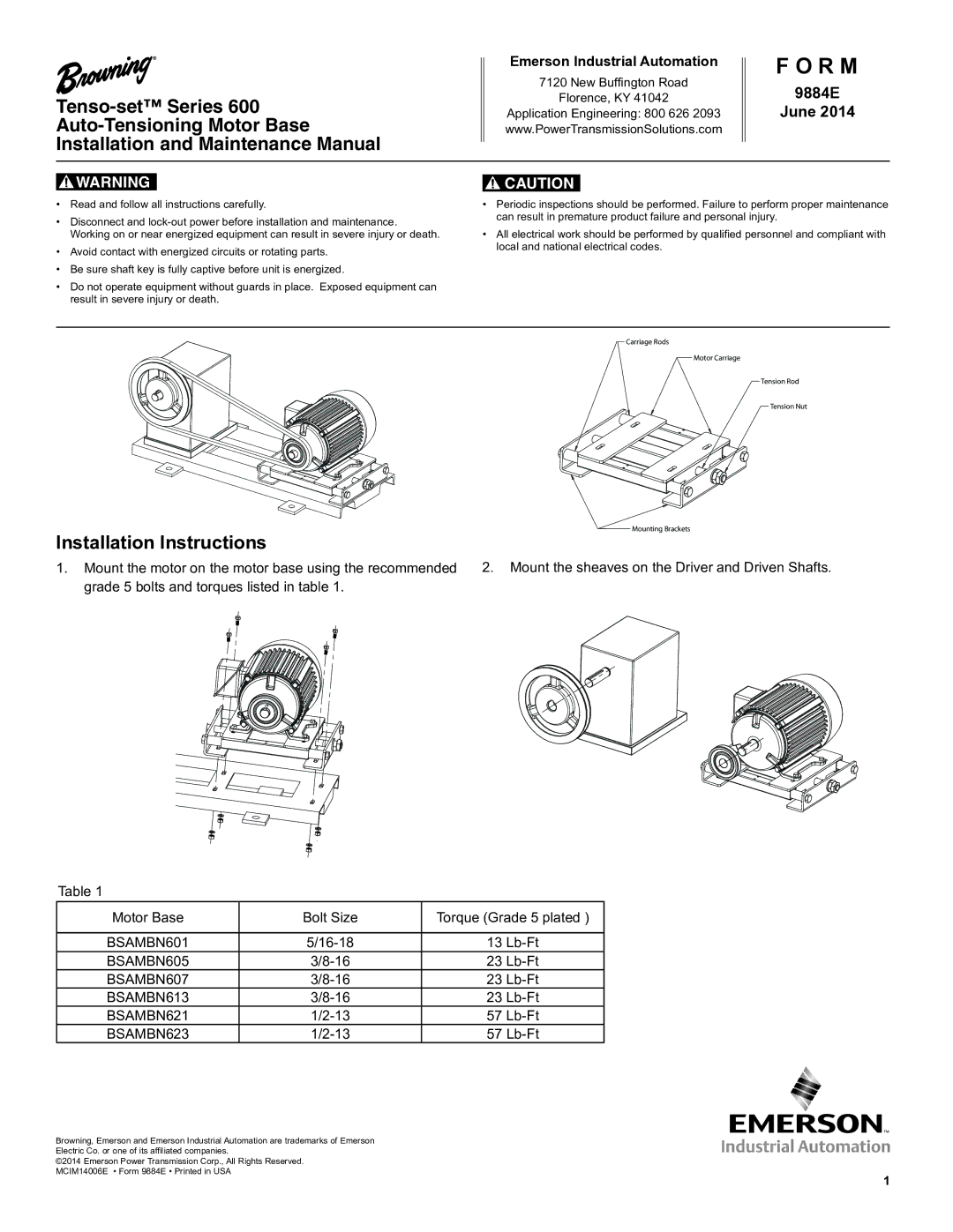 Emerson 600 installation instructions R M, Installation Instructions, 9884E June 