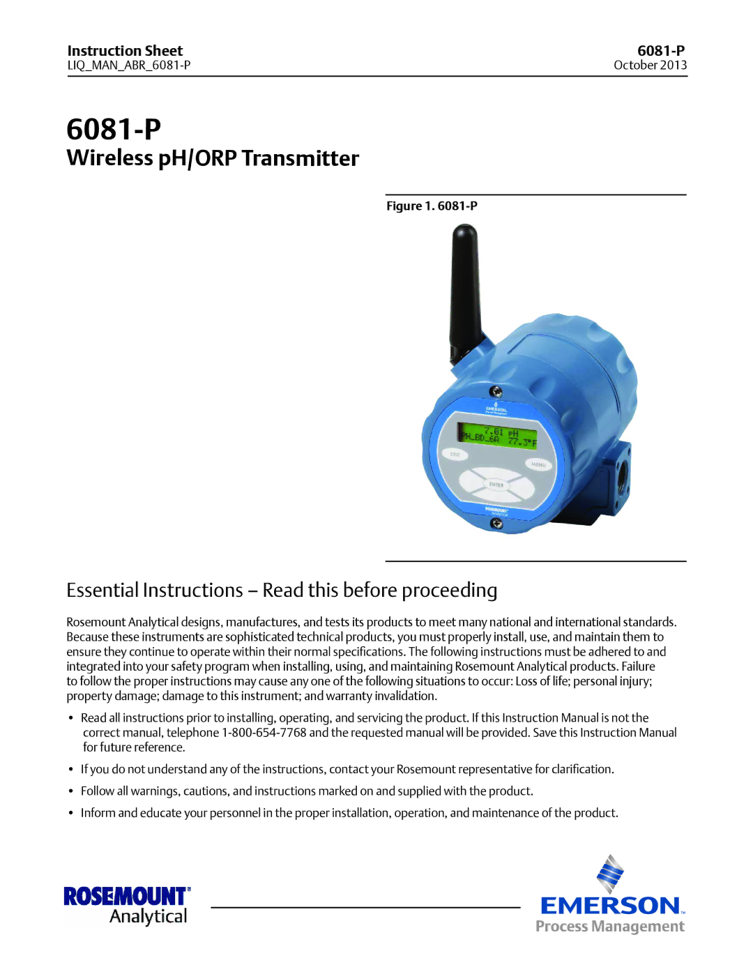 Emerson 6081-P instruction sheet Wireless pH/ORP Transmitter, Essential Instructions Read this before proceeding 