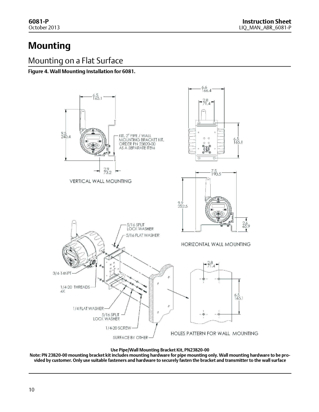 Emerson 6081-P instruction sheet Mounting on a Flat Surface 