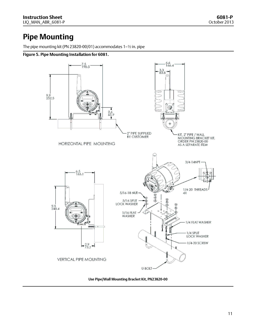 Emerson 6081-P instruction sheet Pipe Mounting, Pipe mounting kit PN 23820-00/01 accommodates 1-½ in. pipe 