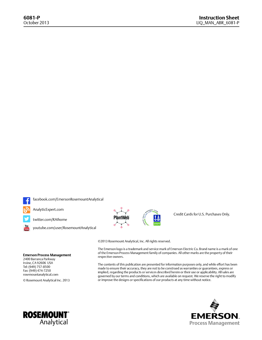 Emerson 6081-P instruction sheet Emerson Process Management 