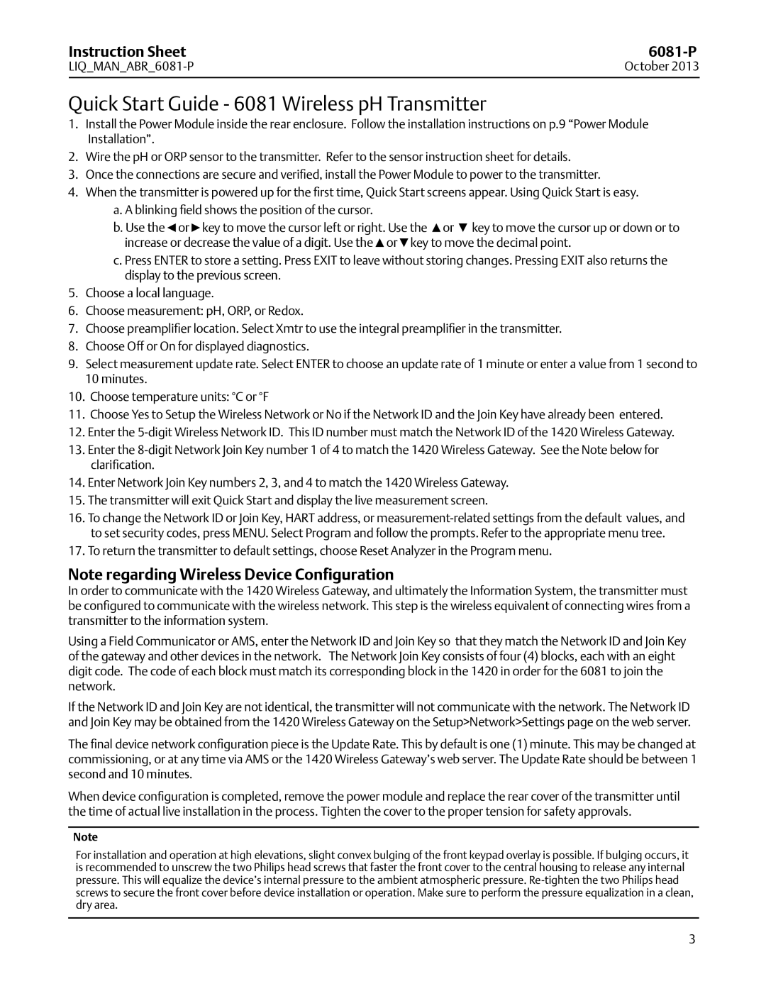 Emerson 6081-P instruction sheet Quick Start Guide 6081 Wireless pH Transmitter 