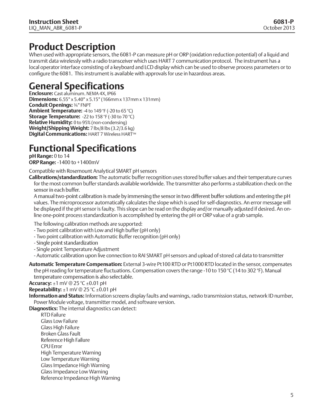 Emerson 6081-P instruction sheet Product Description, General Specifications, Functional Specifications 