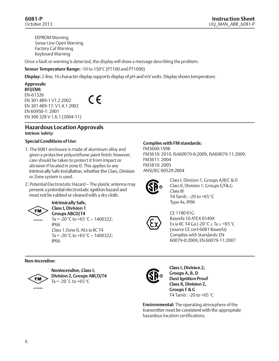 Emerson 6081-P instruction sheet Hazardous Location Approvals 