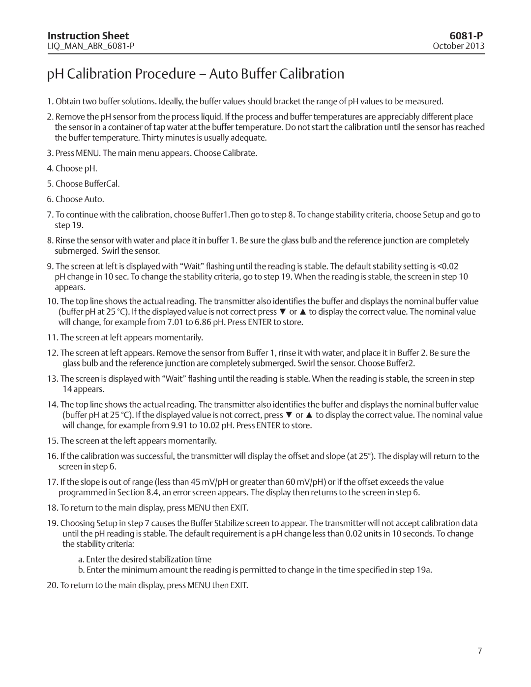 Emerson 6081-P instruction sheet PH Calibration Procedure Auto Buffer Calibration 