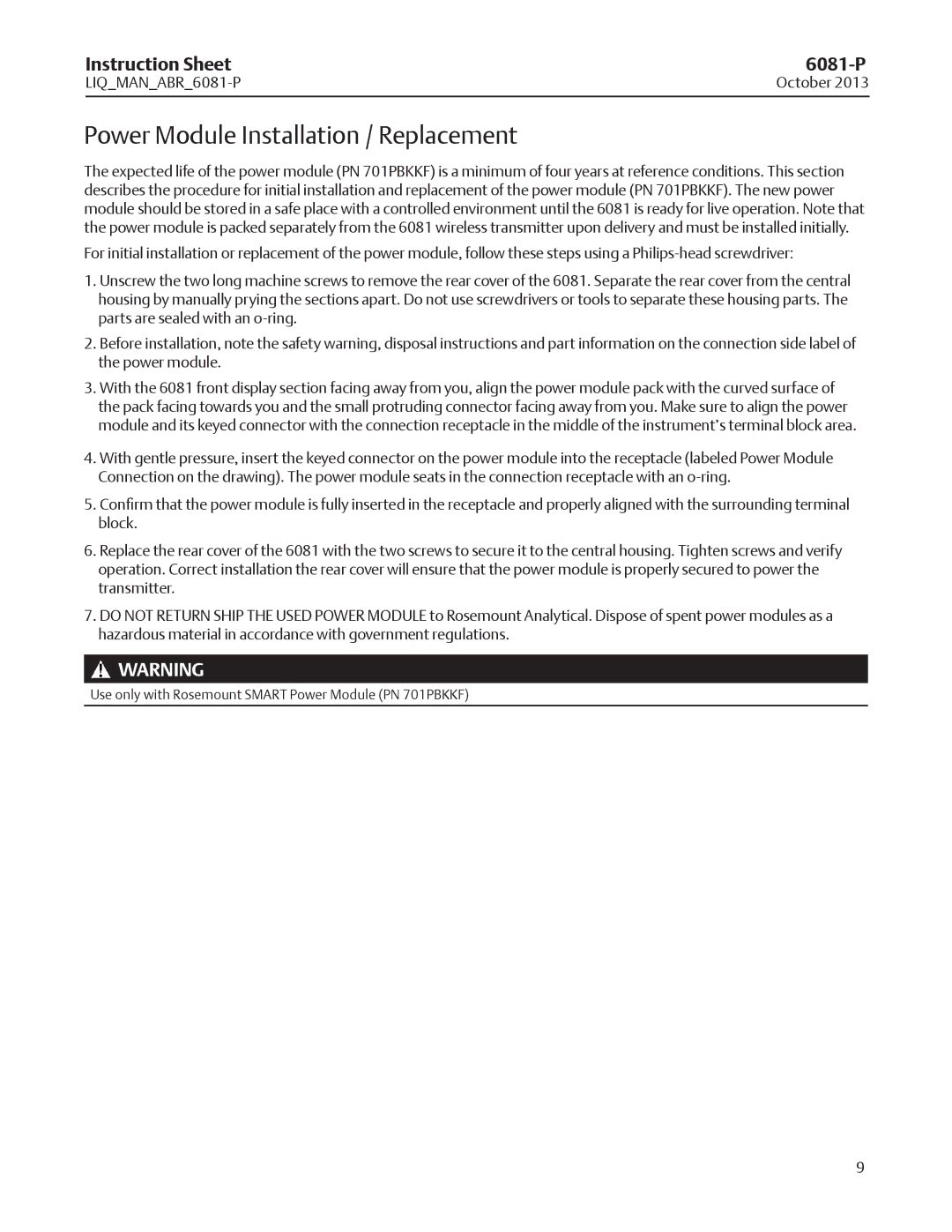 Emerson 6081-P instruction sheet Power Module Installation / Replacement 