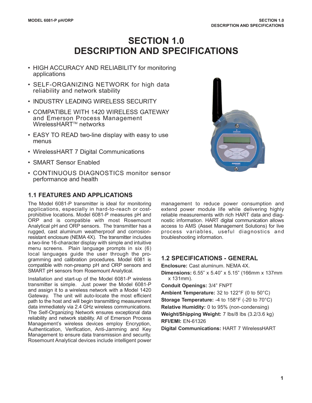 Emerson 6081-P instruction manual Section Description and Specifications, Features and Applications, Specifications General 