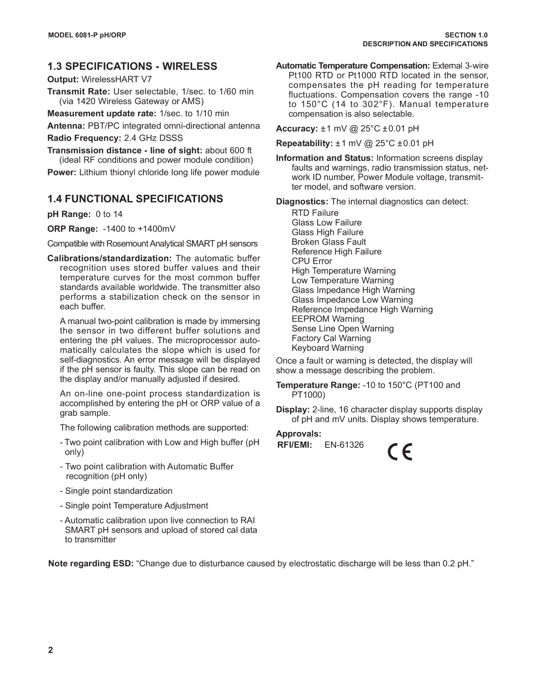 Emerson 6081-P Specifications Wireless, Functional Specifications, Measurement update rate 1/sec. to 1/10 min 