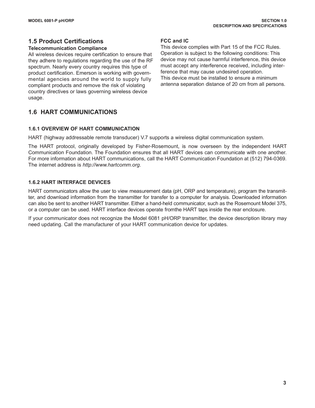 Emerson 6081-P instruction manual Hart Communications, Telecommunication Compliance, FCC and IC 