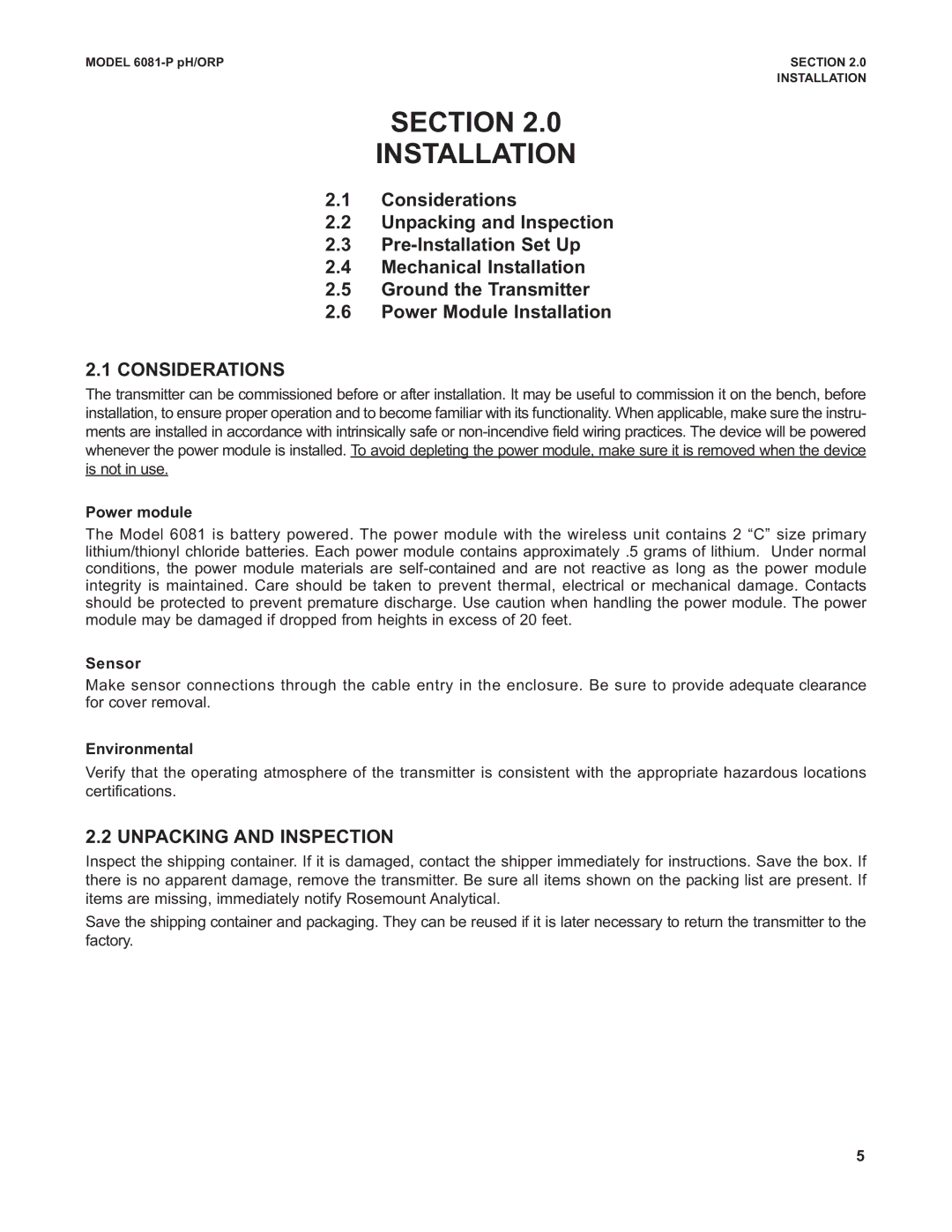 Emerson 6081-P instruction manual Section Installation, Considerations, Unpacking and Inspection 