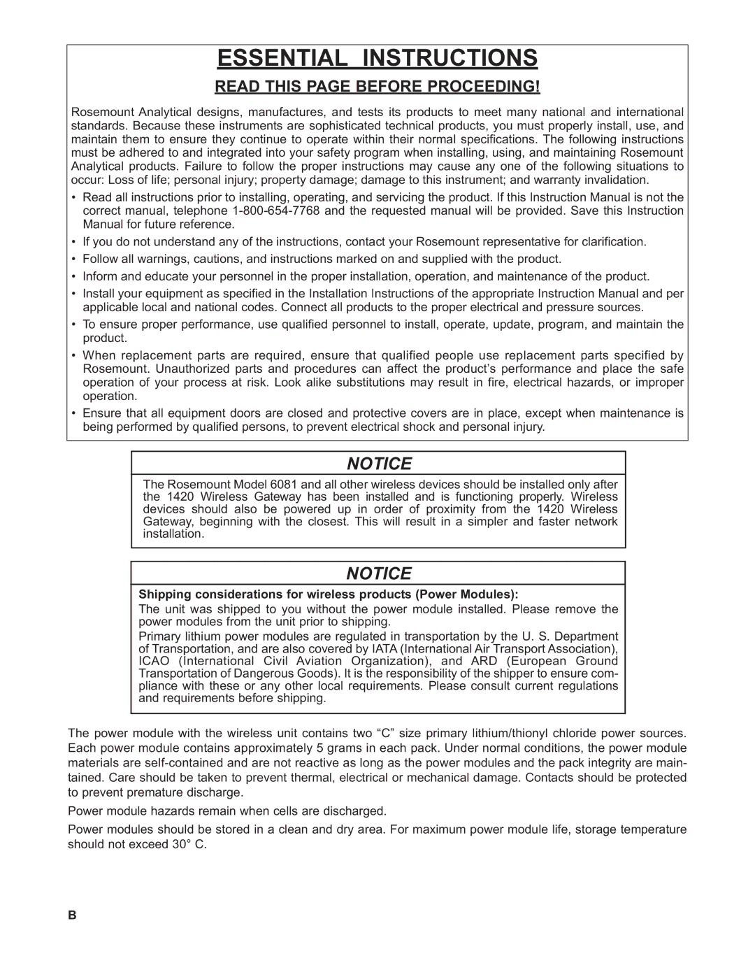 Emerson 6081-P instruction manual Essential Instructions, Shipping considerations for wireless products Power Modules 