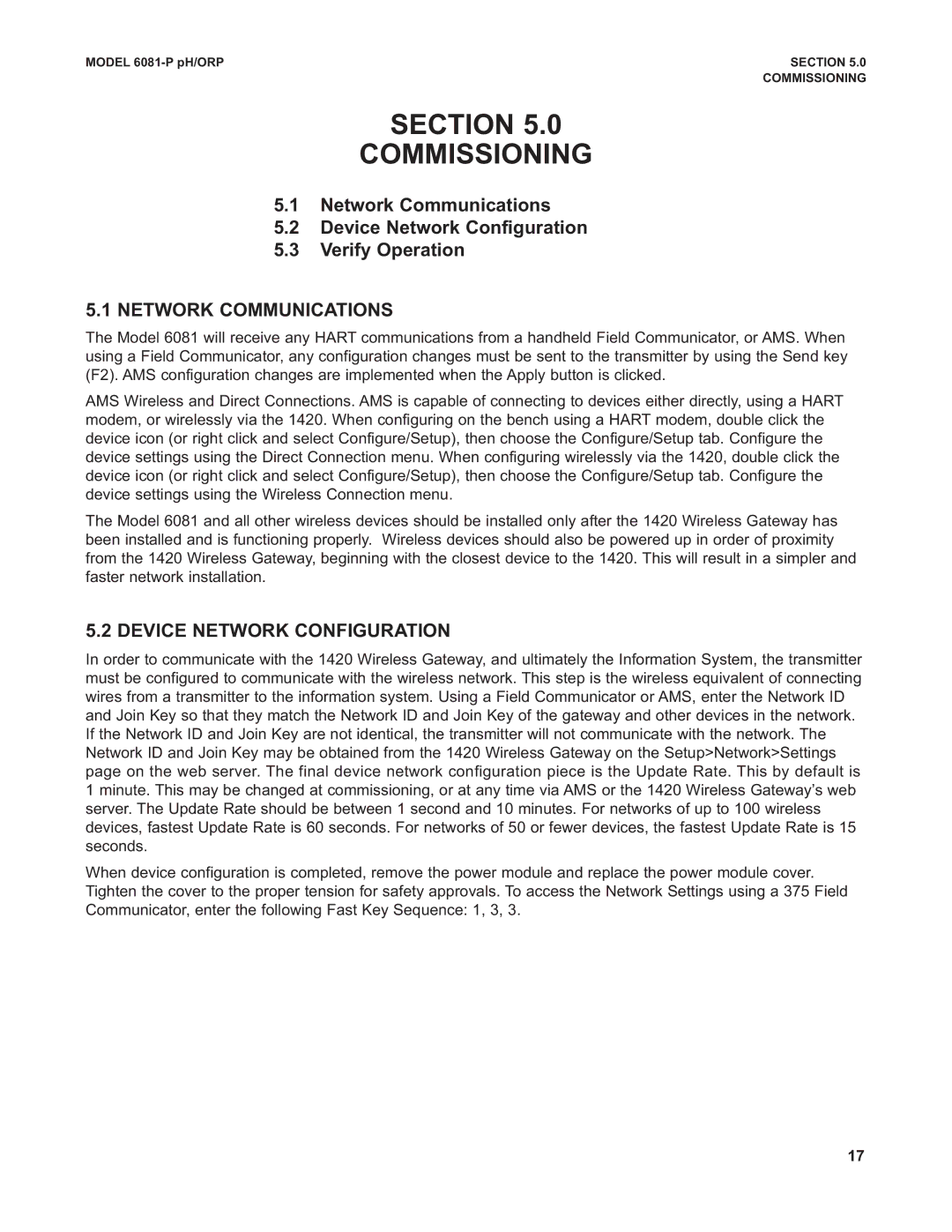 Emerson 6081-P instruction manual Section Commissioning, Network Communications, Device Network Configuration 