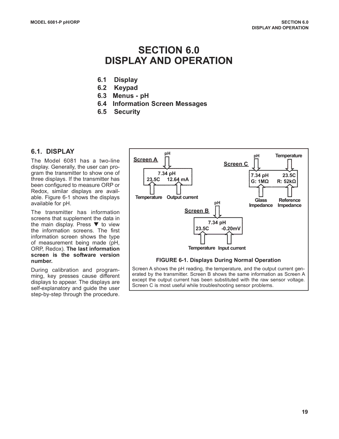 Emerson 6081-P instruction manual Section Display and Operation, Screen a Screen C, Screen B 