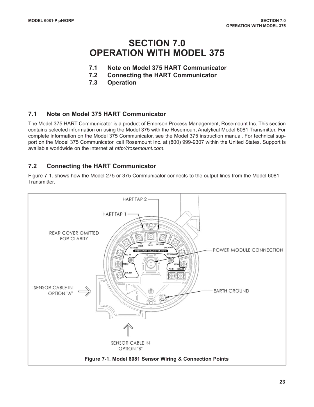 Emerson 6081-P instruction manual Section Operation with Model, Model 6081 Sensor Wiring & Connection Points 