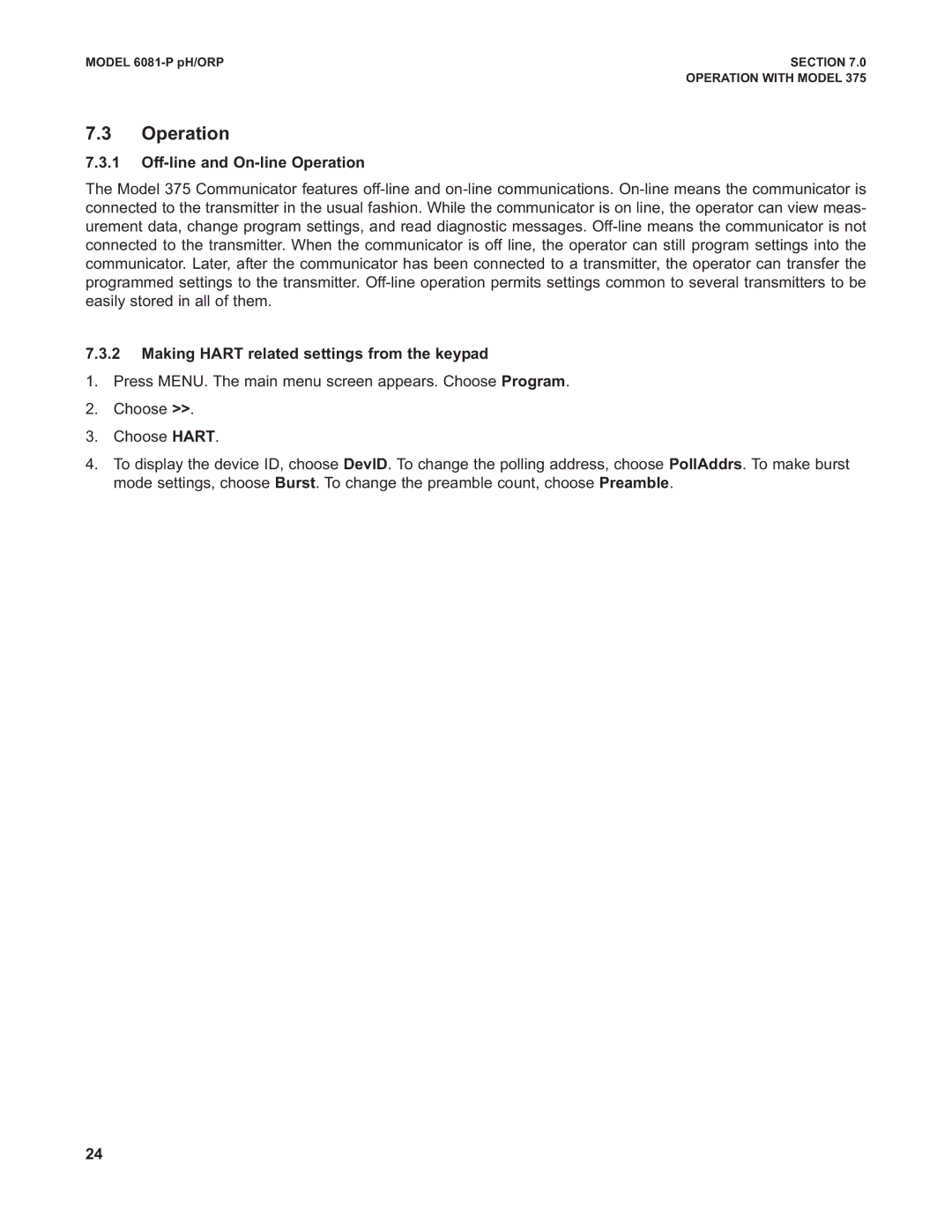 Emerson 6081-P instruction manual Off-line and On-line Operation, Making Hart related settings from the keypad 