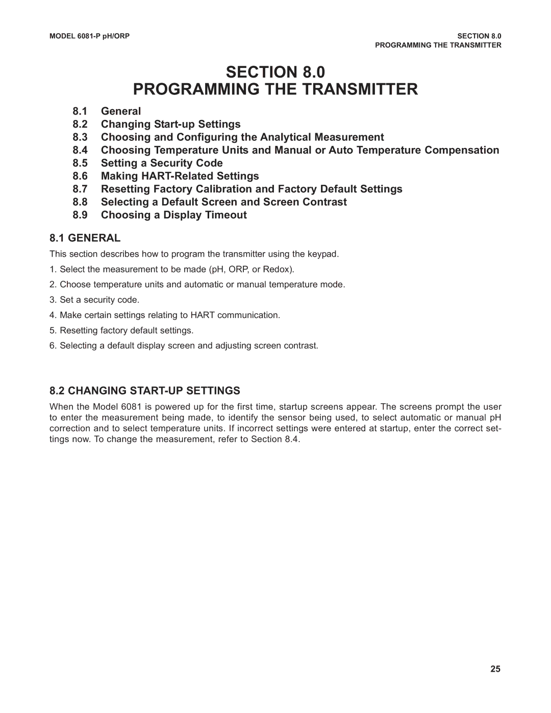 Emerson 6081-P instruction manual Section Programming the Transmitter, General, Changing START-UP Settings 