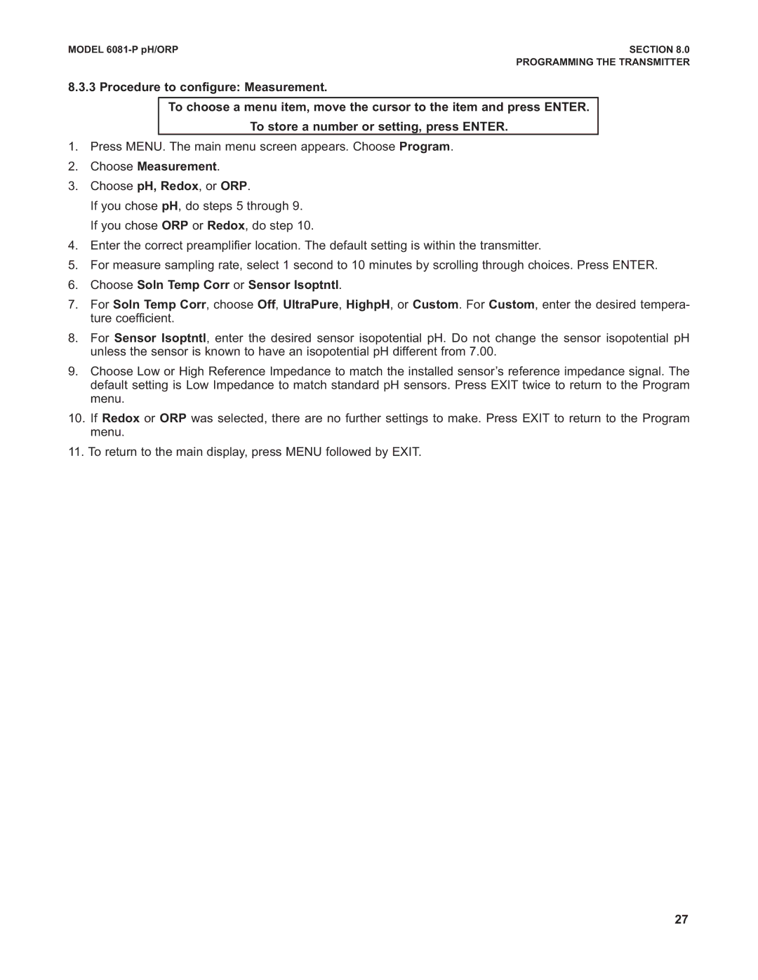 Emerson 6081-P instruction manual Choose Measurement, Choose Soln Temp Corr or Sensor Isoptntl 