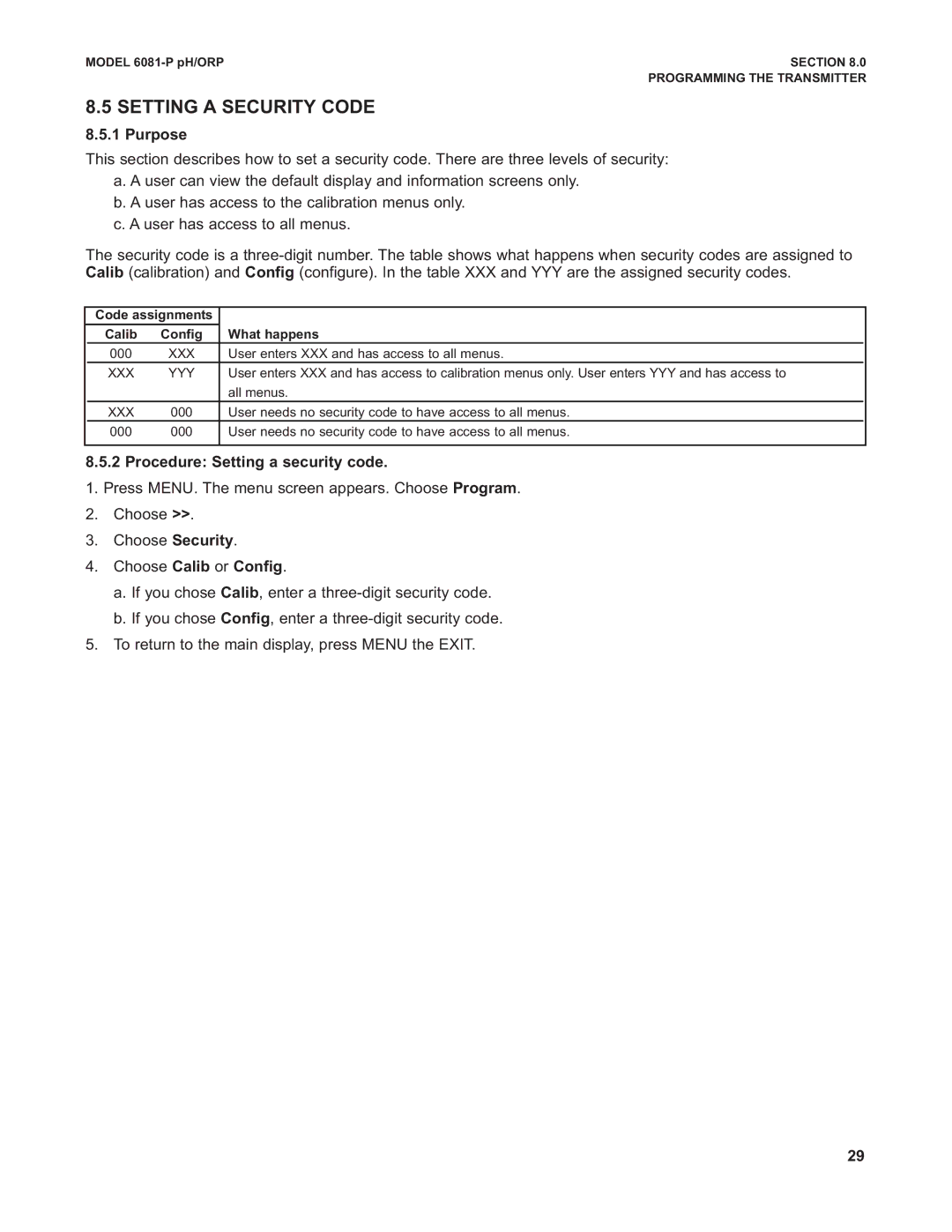 Emerson 6081-P instruction manual Setting a Security Code, Procedure Setting a security code, Choose Calib or Config 