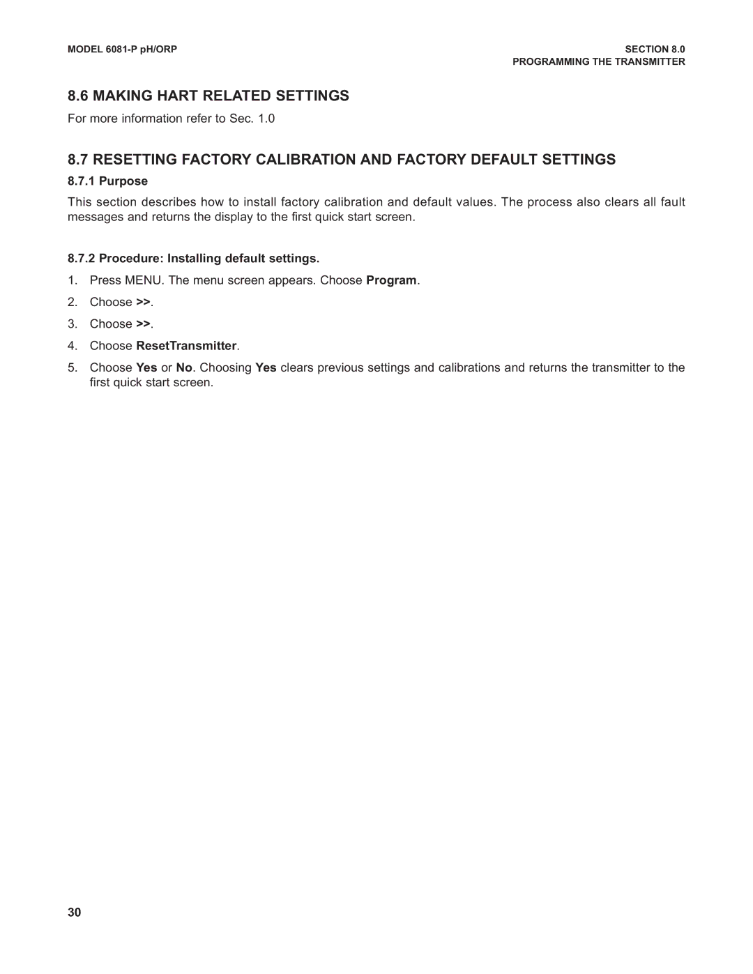 Emerson 6081-P instruction manual Making Hart Related Settings, Resetting Factory Calibration and Factory Default Settings 