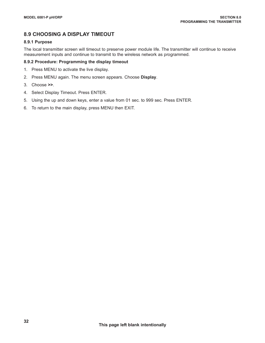 Emerson 6081-P instruction manual Choosing a Display Timeout, Procedure Programming the display timeout 