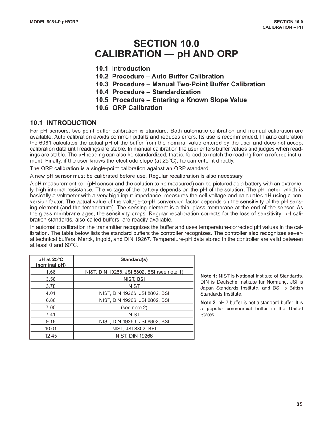 Emerson 6081-P instruction manual Section, Calibration pH and ORP 