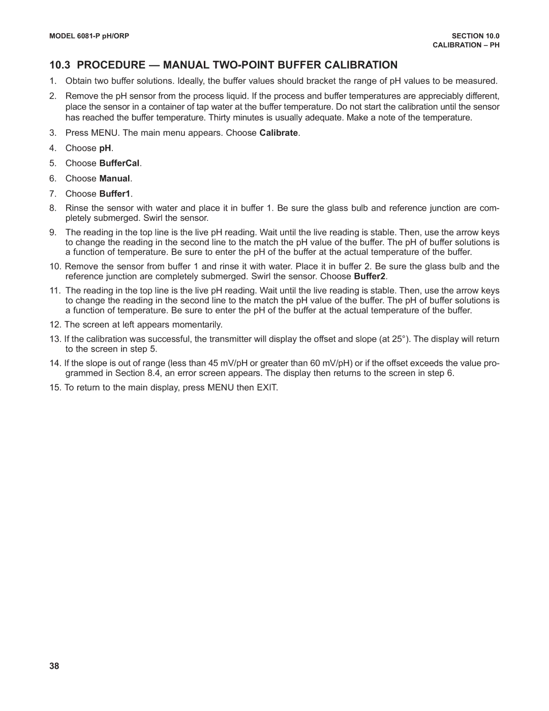 Emerson 6081-P instruction manual Procedure Manual TWO-POINT Buffer Calibration 