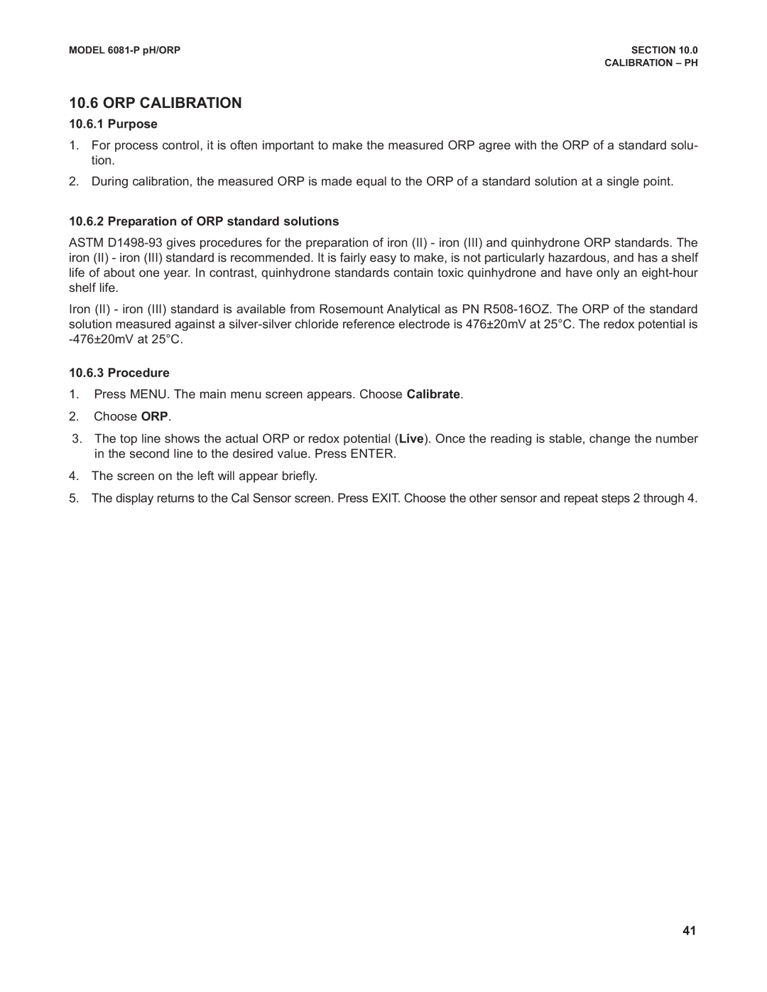 Emerson 6081-P instruction manual ORP Calibration, Preparation of ORP standard solutions 