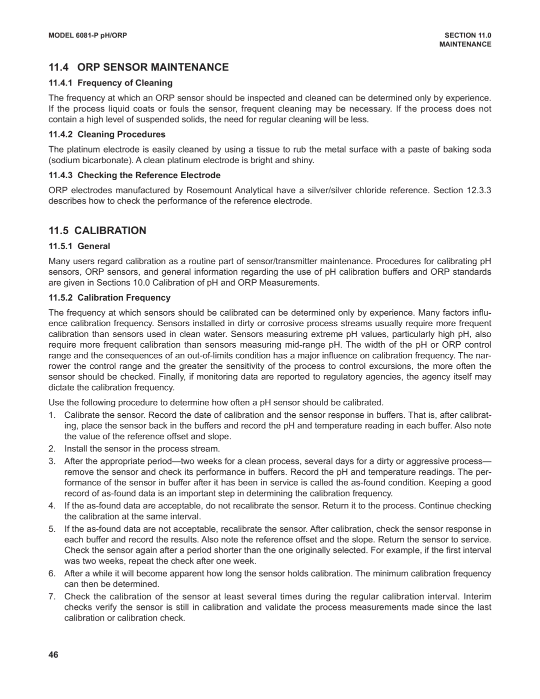 Emerson 6081-P instruction manual ORP Sensor Maintenance, General, Calibration Frequency 