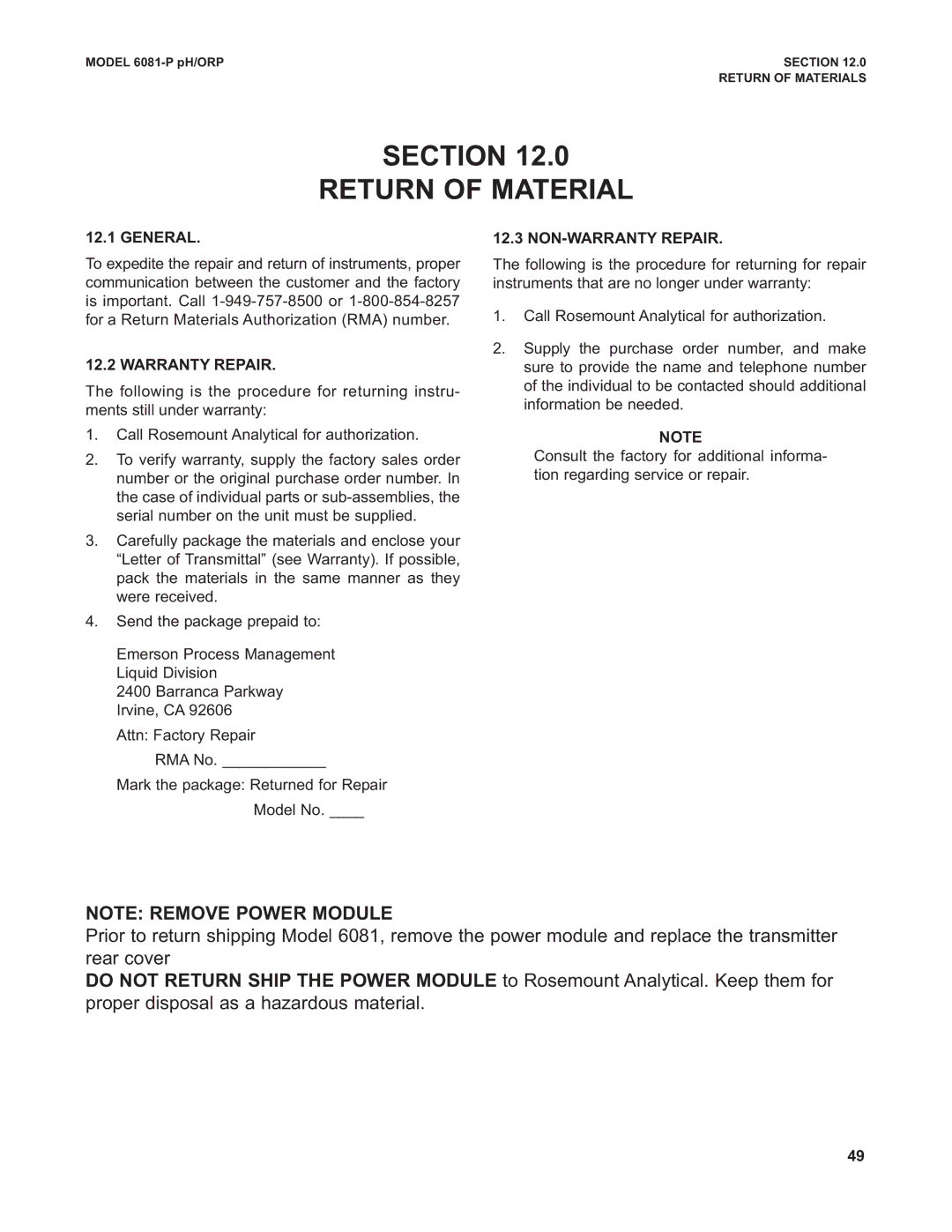 Emerson 6081-P instruction manual Section Return of Material, General 