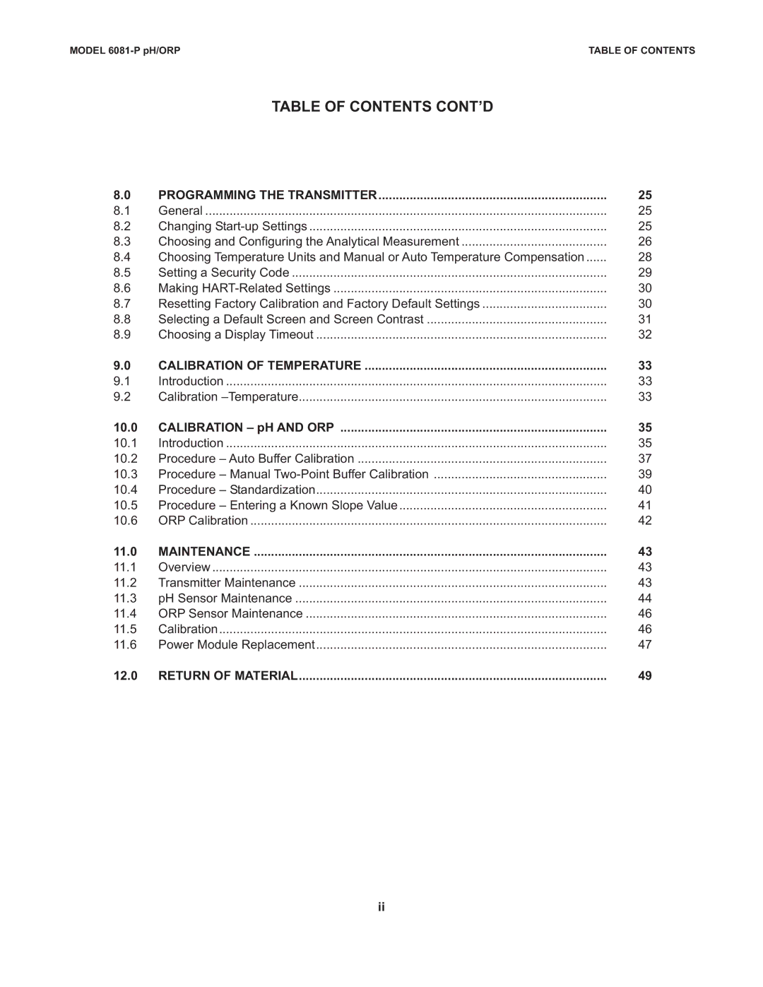 Emerson 6081-P instruction manual Table of Contents CONT’D 