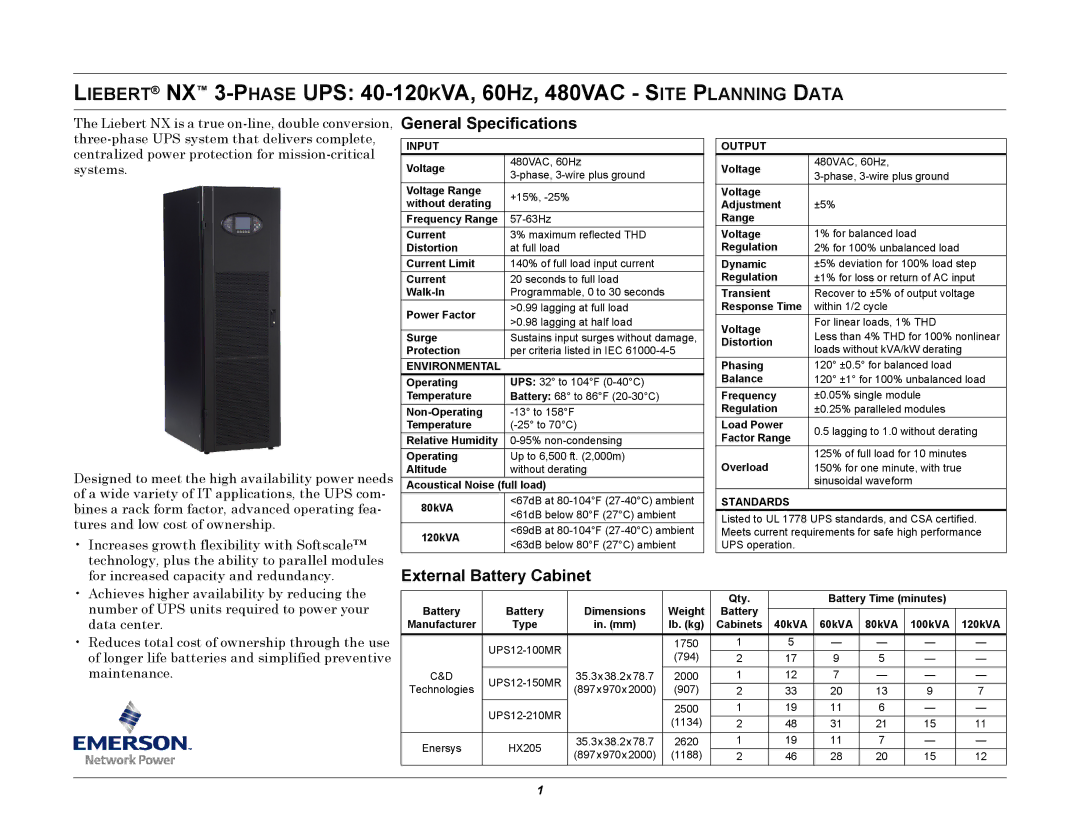 Emerson 40-120KVA, 60HZ, 480VAC specifications General Specifications, External Battery Cabinet 