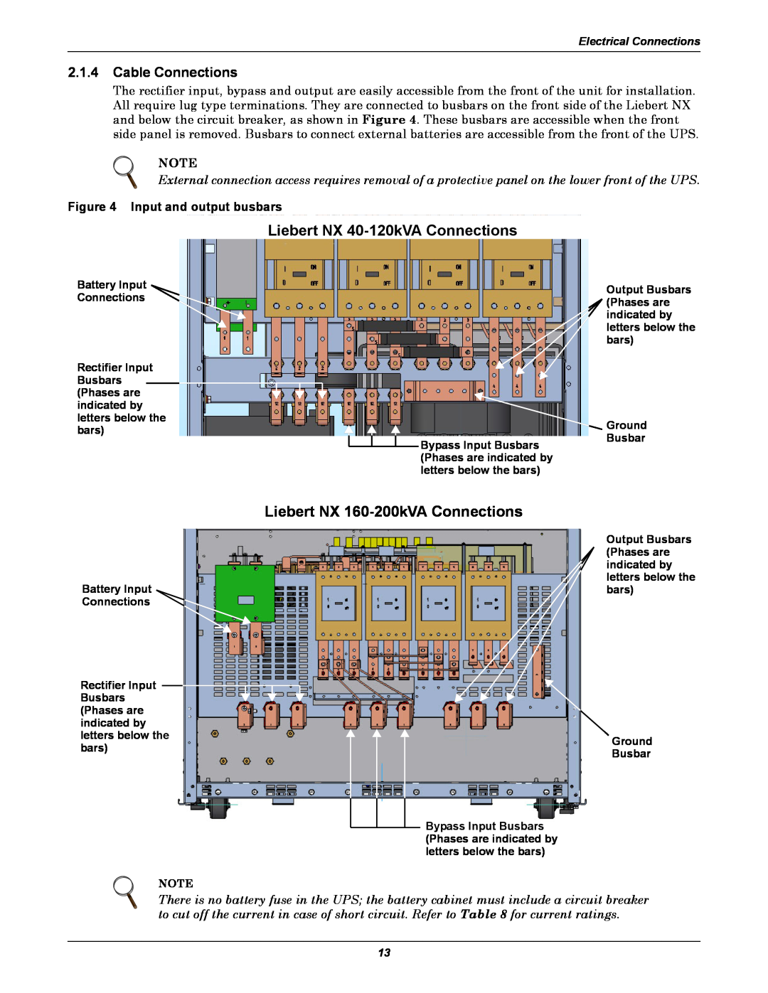 Emerson 480V, 60HZ user manual Liebert NX 40-120kVAConnections, Liebert NX 160-200kVAConnections, 2.1.4Cable Connections 