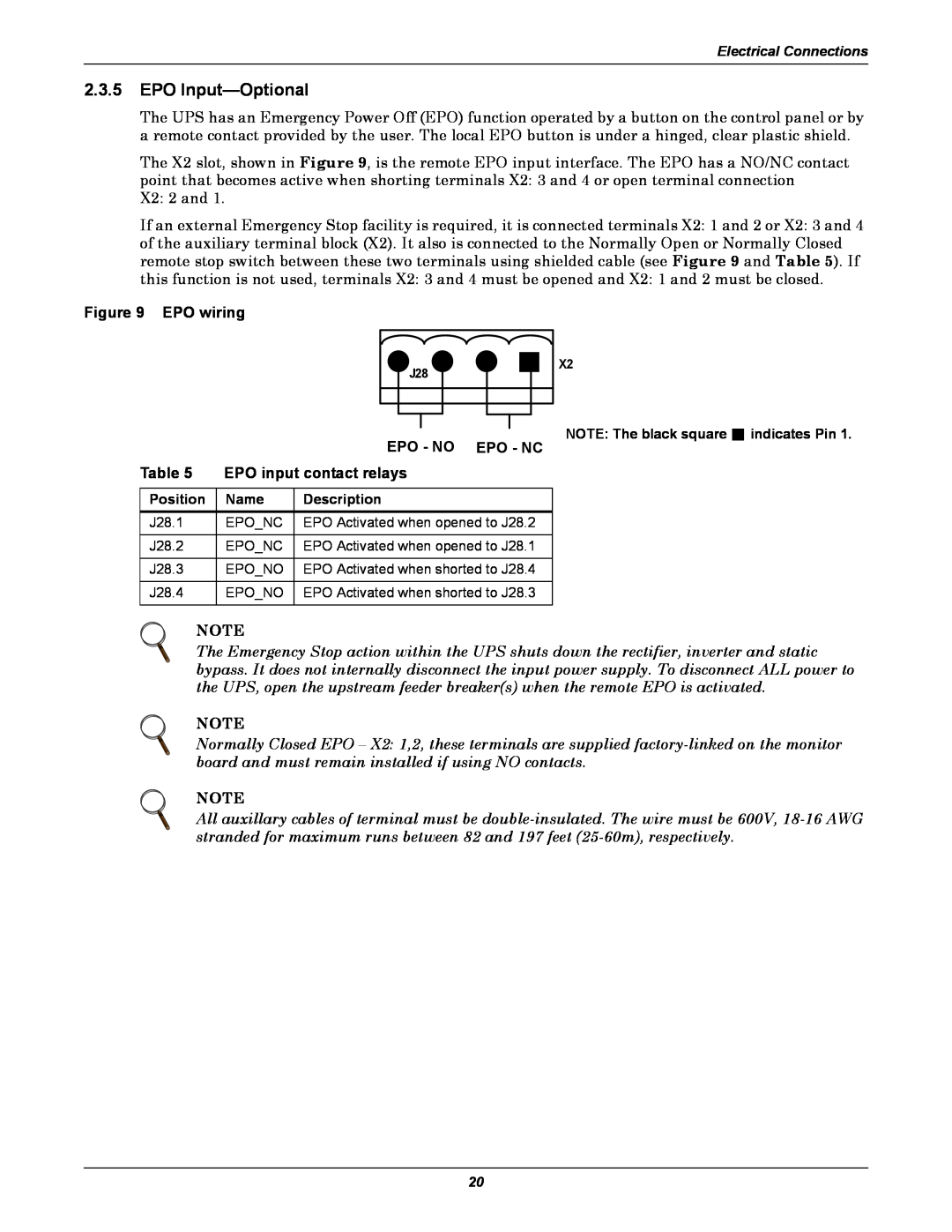 Emerson 60HZ, 480V user manual 2.3.5EPO Input—Optional, EPO wiring, Epo - No, Epo - Nc, Table, EPO input contact relays 