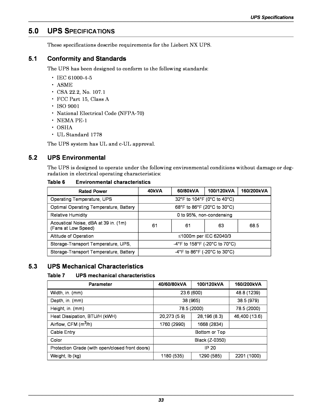 Emerson 480V, 60HZ user manual 5.0UPS SPECIFICATIONS, Table, Environmental characteristics, UPS mechanical characteristics 