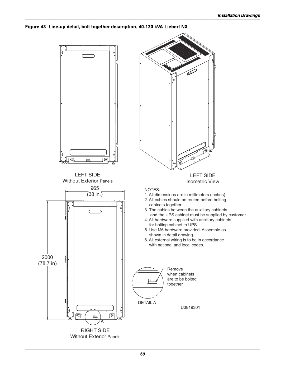 Emerson 60HZ, 480V user manual LEFT SIDE Without Exterior Panels 965 38 in 2000, 78.7 in, RIGHT SIDE Without Exterior Panels 