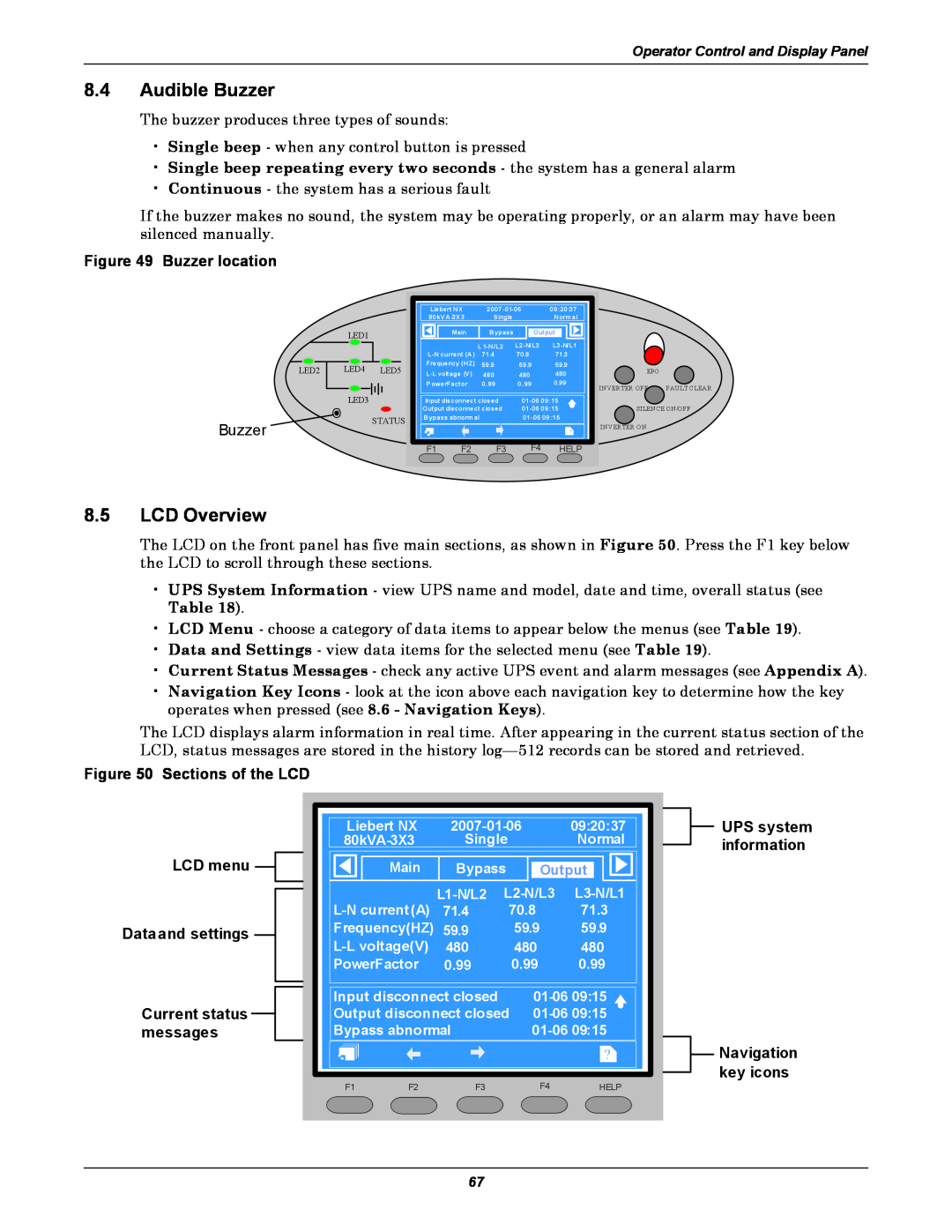 Emerson 480V Buzzer location, Sections of the LCD, UPS system, LCD menu, information, Data and settings, Current status 